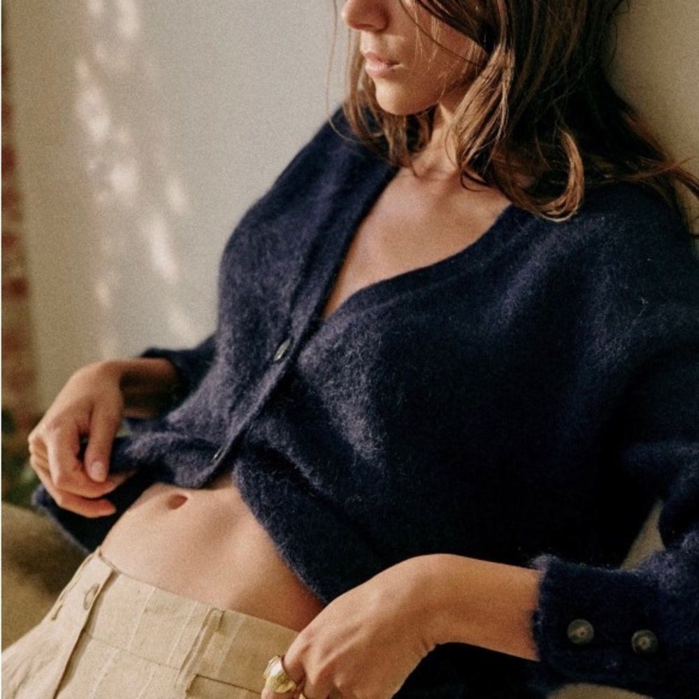 Sezane Navy Blue Fuzzy Button Cardigan - Picture 2 of 7